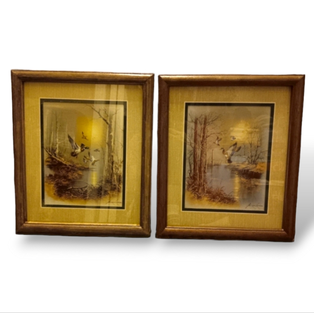 Vintage Andres Orpinas Signed Framed Mallard Ducks in Flight Wall Art